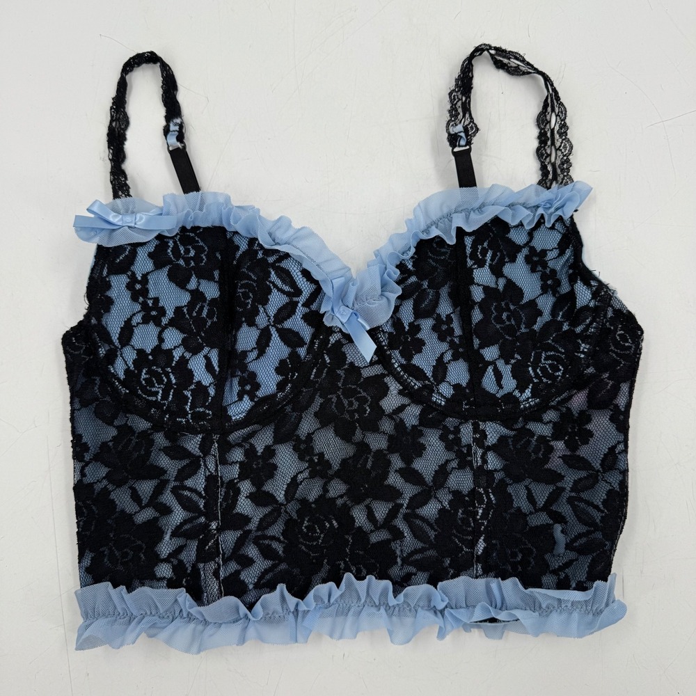 Sugar Thrillz Black‎ Lace Baby Blue Ruffle Corset Bralette Top L